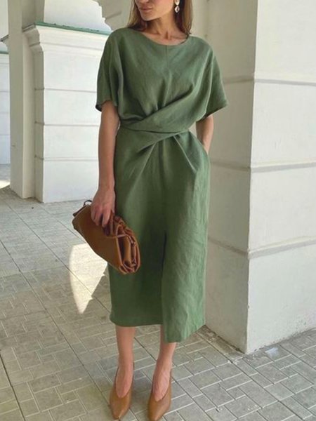 

Crew Neck Plain Regular Fit Casual Dress, Army green, Midi Dresses