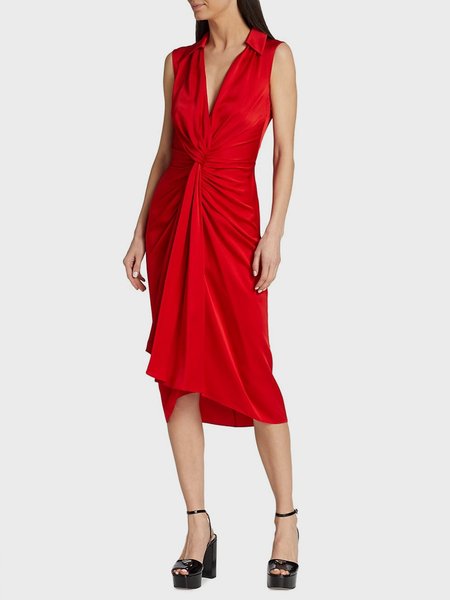 

Regular Fit Shirt Collar Plain Elegant Dress, Red, Midi Dresses