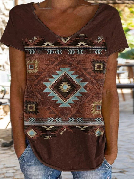 

Ethnic V Neck Loose Ethnic T-Shirt, Rust, T-Shirts