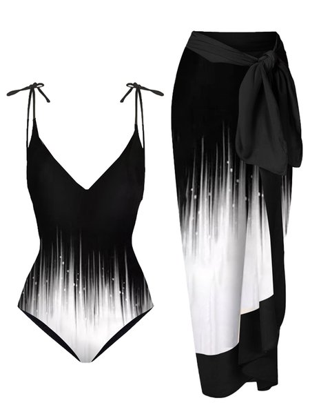 

Simple Abstract Printing V Neck One Piece With Cover Up, Black, swimwear>>One-Pieces