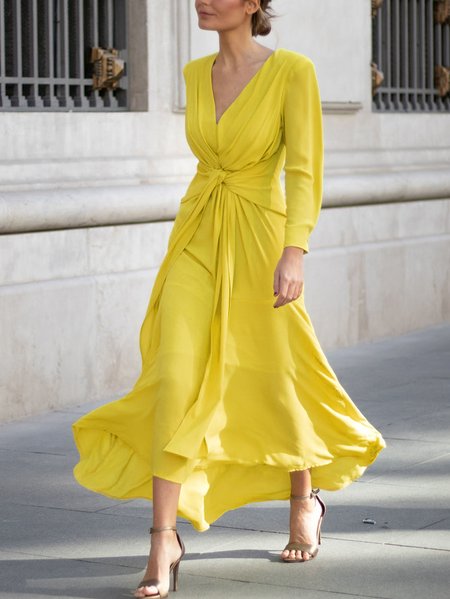 

Elegant V Neck Plain Regular Fit Dress, Yellow, Maxi Dresses