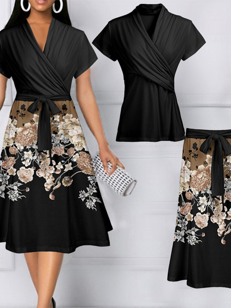 

Floral Cross Neck Regular Fit Casual Two-Piece Set, Black, Tops