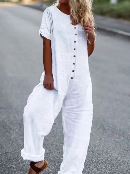 

Loose Plain Crew Neck Casual Jumpsuit, White, Jumpsuits＆Rompers