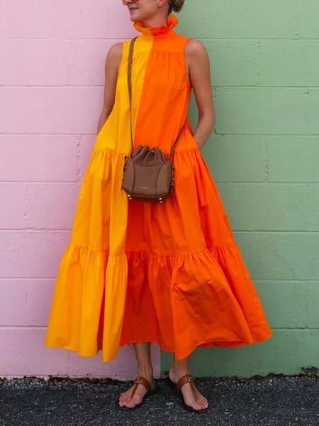

Loose Vacation Sleeveless Color Block Midi Dress, Orange, Midi Dresses