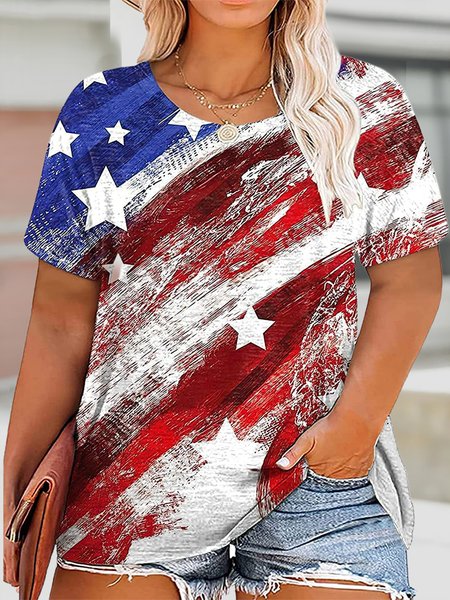 

Plus Size Casual America Flag Crew Neck Loose T-Shirt, As picture, T-Shirts