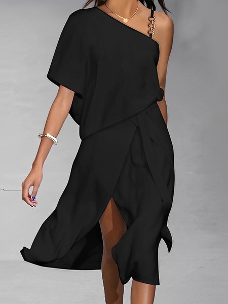 

Cold Shoulder Chain Plain Elegant Dress, Black, Midi Dresses