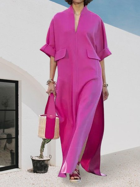 

Elegant Plain V Neck Loose Dress, Pink, Maxi Dresses