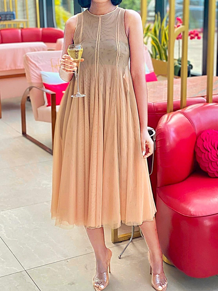 

Regular Fit Elegant Crew Neck Sleeveless Midi Dress, As picture, Midi Dresses
