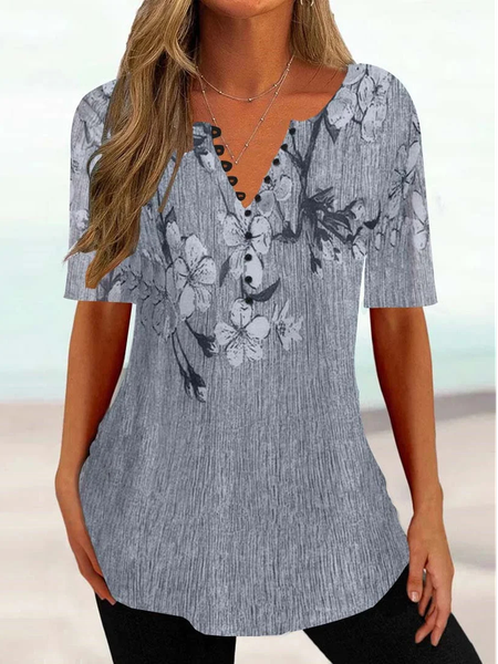 

Casual Regular Fit Floral V Neck Shirt, Gray, Shirts & Blouses
