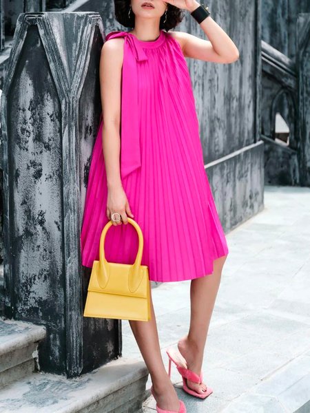 

Vacation Plain Loose Sleeveless Mini Dress, Deep pink, Mini Dresses