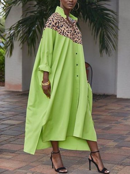 

Casual Loose Shirt Collar Leopard Dress, As picture, Midi Dresses