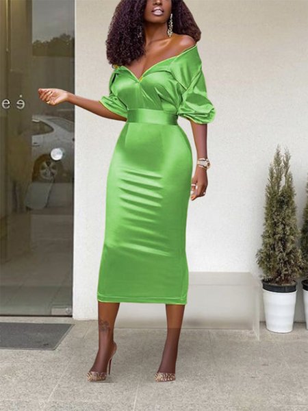 

Cold Shoulder Regular Fit Elegant Plain Dress, Green, Midi Dresses