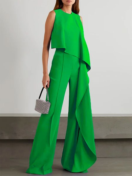 

Crew Neck Regular Fit Plain Urban Jumpsuit, Green, Jumpsuits