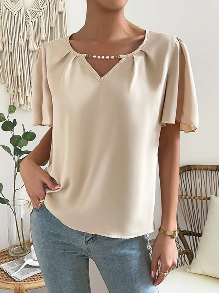 

Elegant Plain Loose V Neck Shirt, Apricot, Shirts & Blouses