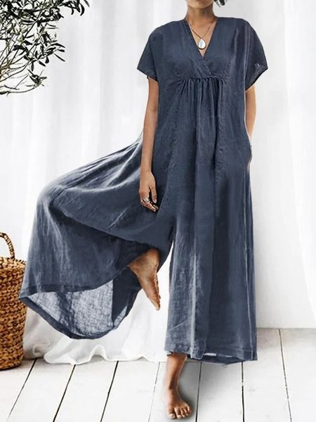 

Cross Neck Plain Casual Cotton And Linen Jumpsuit, Dark blue, Jumpsuits＆Rompers