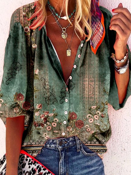 

Floral Buckle Vacation Blouse, Green, Shirts & Blouses