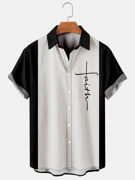 

Big Size Easter Crucifix Color Chest Pocket Short Sleeve Bowling Shirt, Black, Men Shirts