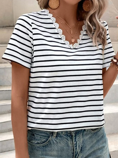 

V Neck Lace Casual Striped Shirt, Black-white, Shirts & Blouses
