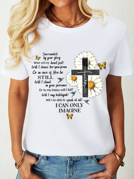 

Women's Mercyme I Can Only Imagine Daisy Cross Christian Daisy Text Letters Simple Loose T-Shirt, White, T-shirts