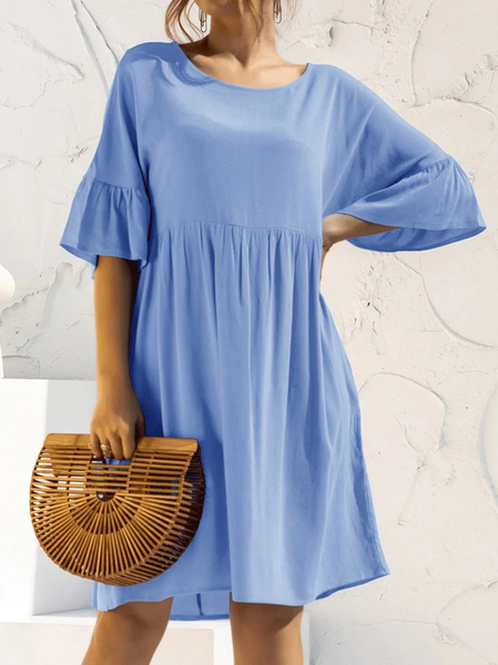

Flare Sleeve Plain Crew Neck Loose Simple Dress, Blue, Dresses