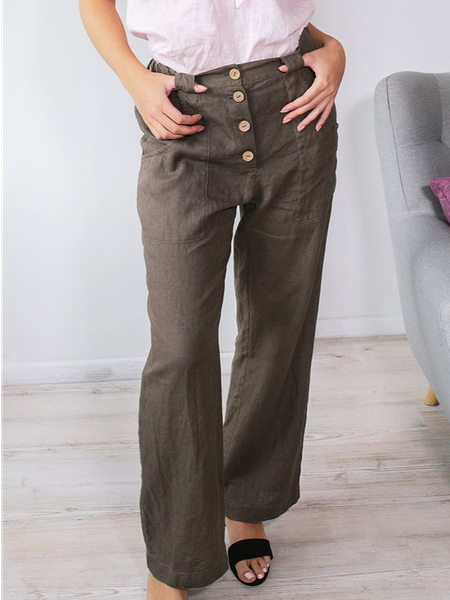 

Loose Casual Plain Buckle Pants, Brown, Pants