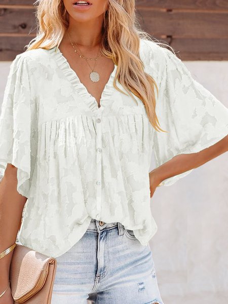 

White Floral Textured V Neck Buttoned Blouse, Blouses & Shirts