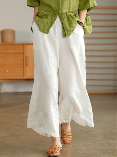 

Loose Simple Plain Pants, White, Pants