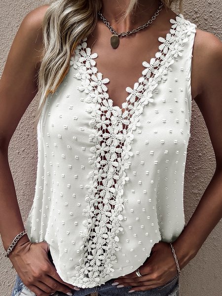 

Lace Vacation Loose V Neck Tank Top, White, Tanks & Camis