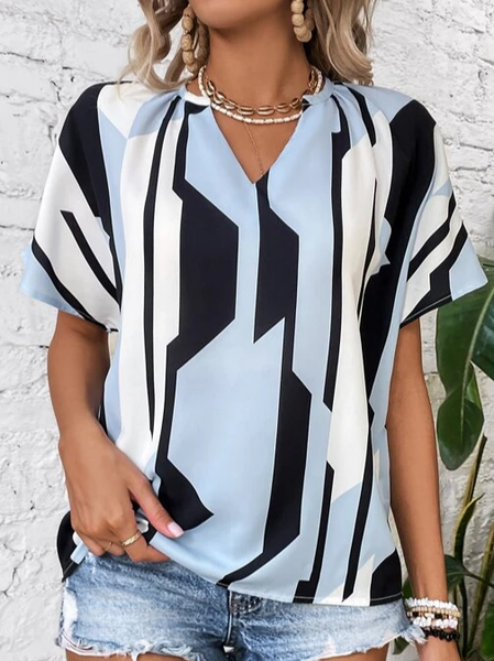 

Casual Loose Colorblock V Neck Shirt, Blue, Shirts & Blouses