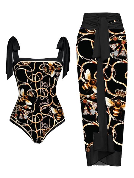 

Elegant Abstract Printing One Piece With Cover Up, Black, swimwear>>One-Pieces