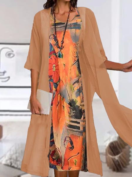 

Chiffon Crew Neck Casual Psychedelic Art Two-Piece Set, Yellow brown, Dresses