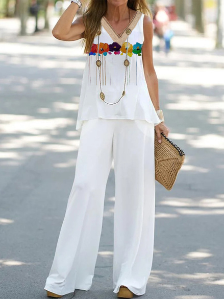 

Lace Casual Loose V Neck Floral Two-Piece Set, White, Suits