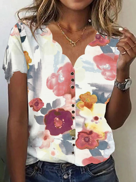 

Casual Loose Floral V Neck T-Shirt, Red brown, T-Shirts