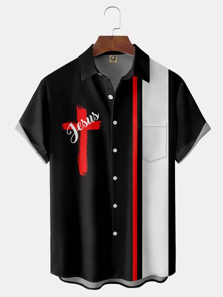 

Big Size Cross Chest Pocket Short Sleeve Bowling Shirt, Black, Men Shirts