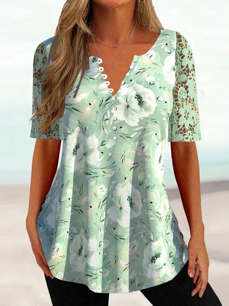 

Floral V Neck Loose Lace Sleeve Casual Summer Shirt, Green, Shirts & Blouses