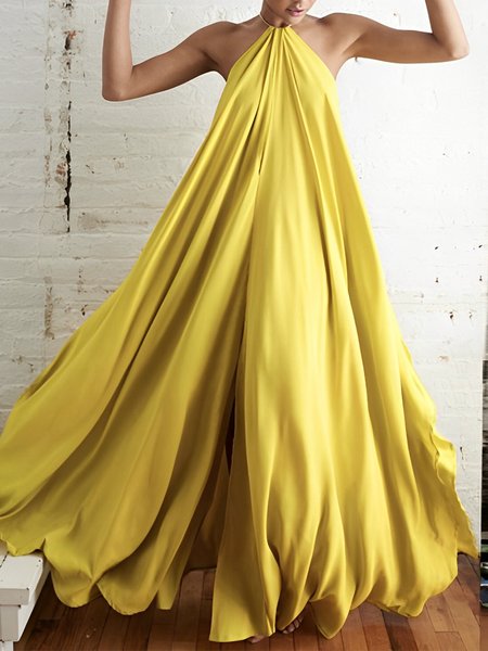 

Halter Vacation Loose Sleeveless Maxi Dress, Yellow, Maxi Dresses