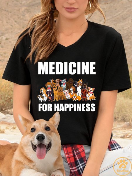 

Lilicloth X Funnpaw Women's Dog Medicine For Happiness V Neck T-Shirt, Black, T-shirts