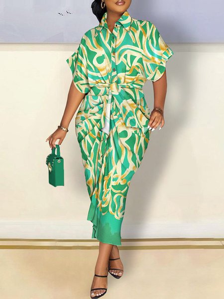 

Elegant Regular Fit Abstract Ruched Dress, Green, Midi Dresses