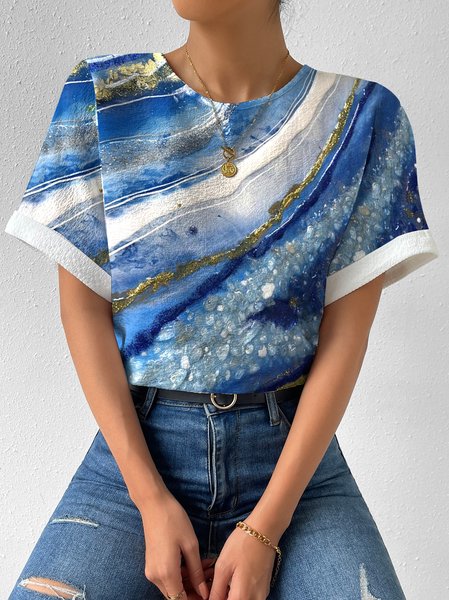 

Loose Crew Neck Casual Abstract T-Shirt, Blue, T-Shirts
