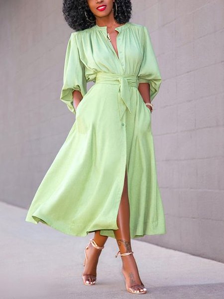 

Plain Shirt Collar Elegant Regular Fit Dress, Green, Midi Dresses