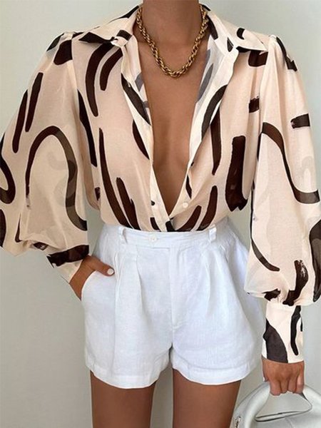 

Casual Chevron Shirt Collar Regular Fit Blouse, As picture, Blouses and Shirts