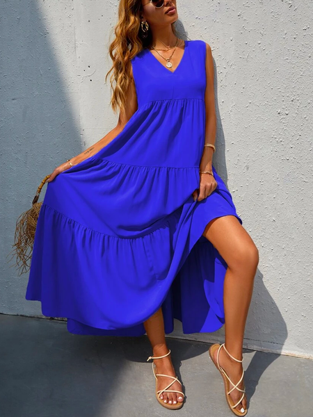

Casual Loose V-neck Ruffle Hem Solid Dress, Royal blue, Maxi Dresses