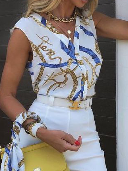 

Loose Urban Abstract V Neck Sleeveless Blouse, White, Blouses and Shirts