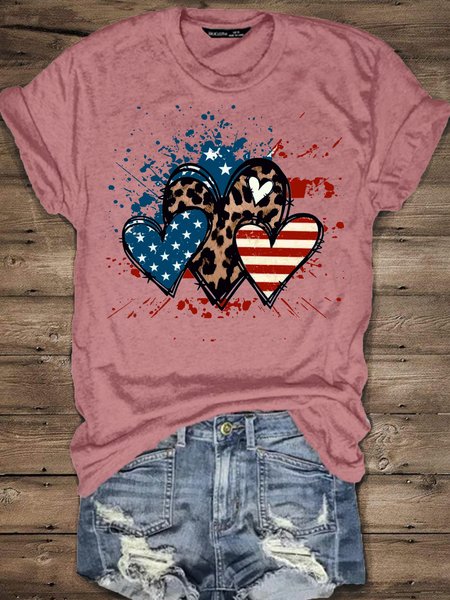 

Women‘s Crew Neck America Heart Print Casual Cotton T-Shirt, Pink, T-shirts
