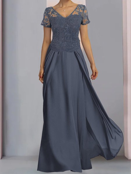 

Women's wedding guest dress V Neck Short Sleeve Plain Casual Dress, Blue, Maxi