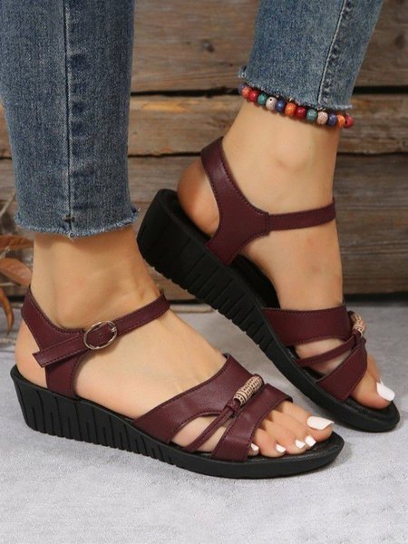 

Vintage Beaded Casual Comfort Wedge Sandals, Wine red, Sandals