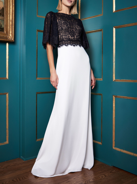 

Batwing Sleeve Lace Elegant Floral Crew Neck Wedding Guest Dress, Black-white, Maxi Dresses