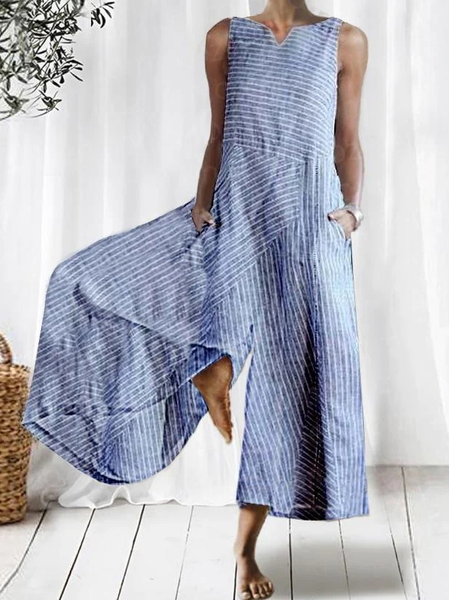 

Notched Loose Striped Casual Jumpsuit, Stripe-blue, Jumpsuits & Rompers