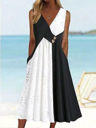 

Plain Casual V Neck Loose Dress, Black-white, Dresses