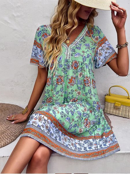 

V Neck Floral Vacation Dress, Green, Dresses
